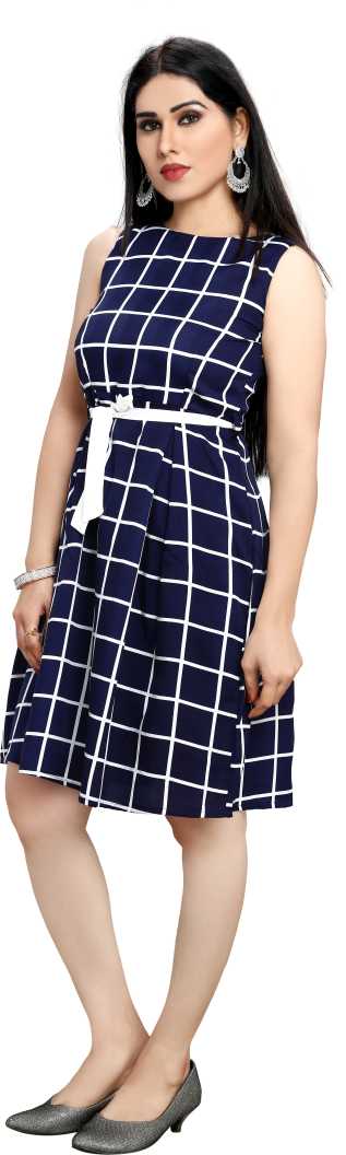 Women Fit and Flare Dark Blue, White Dress