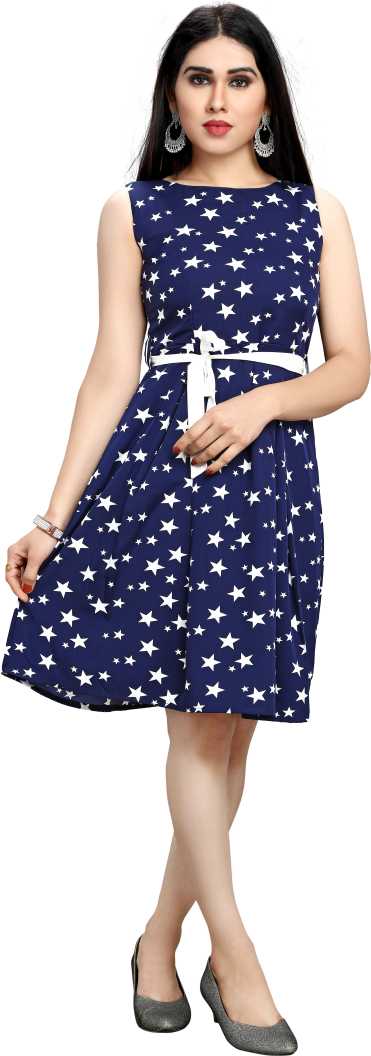 Women Fit and Flare Dark Blue White Dress